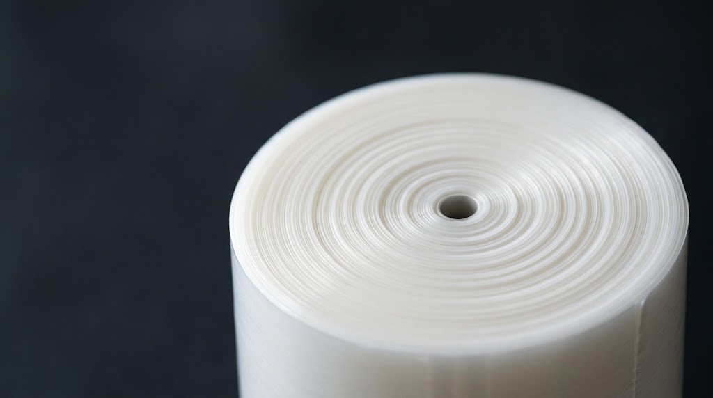 IMAGE POSITION | PLASTAR blown film line in stable production, with finished roll and thickness-profile detail.